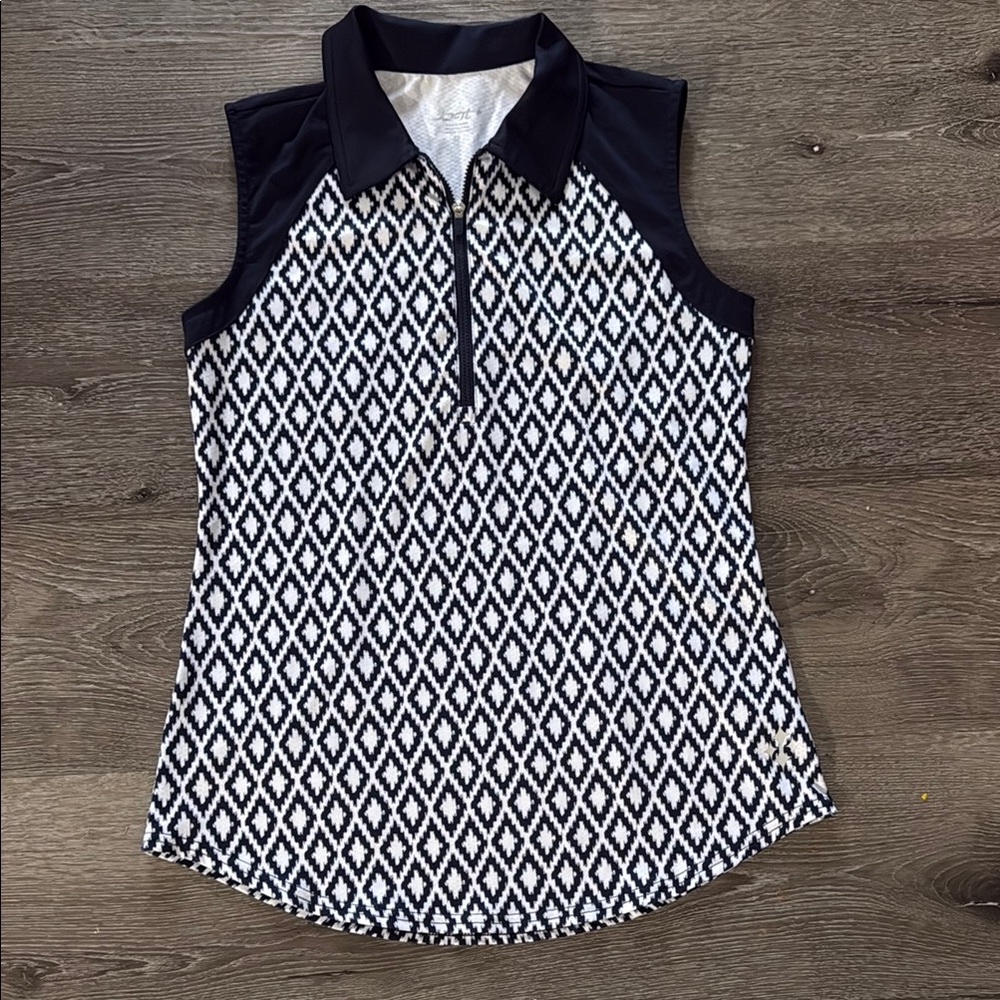 Jofit Women's Black and White Sleeveless Polo Top